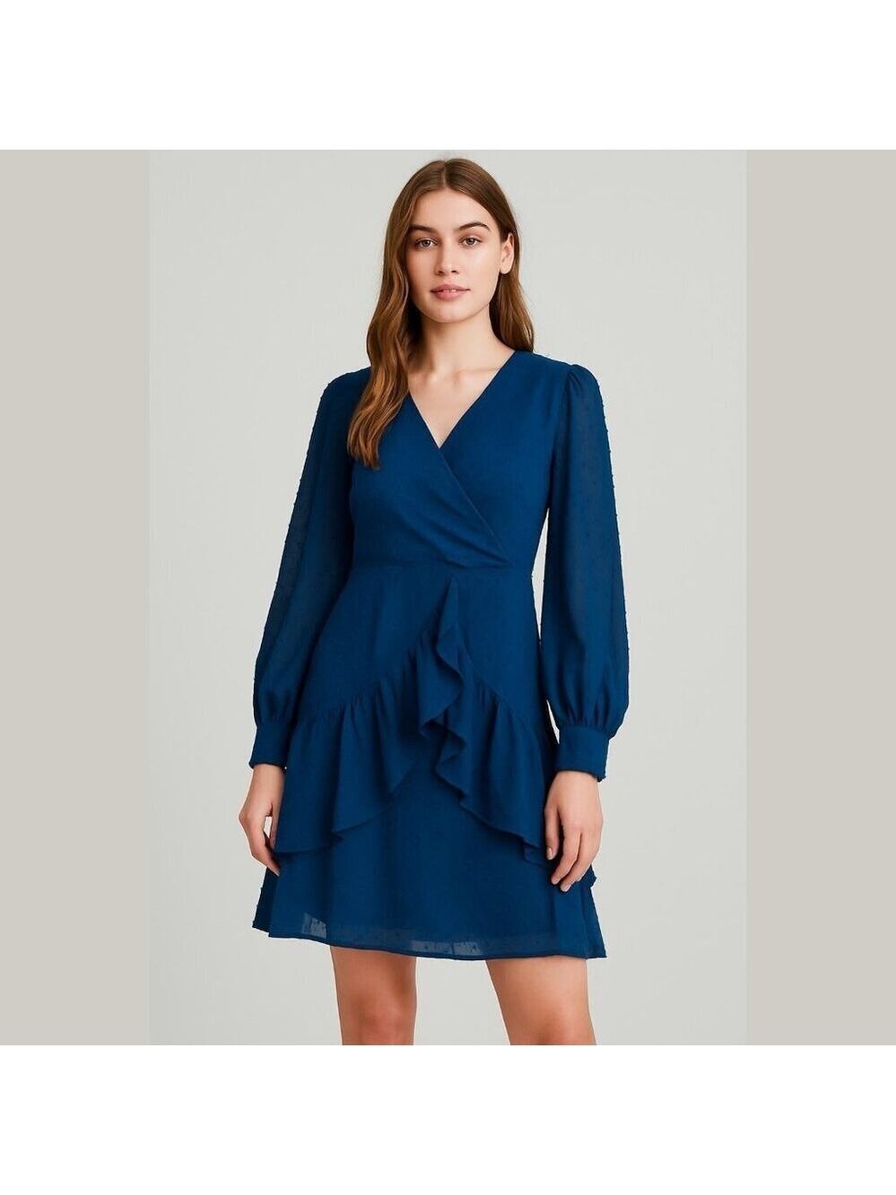 Aooksmery Swiss Dot Ruffle Faux Wrap Dress Small